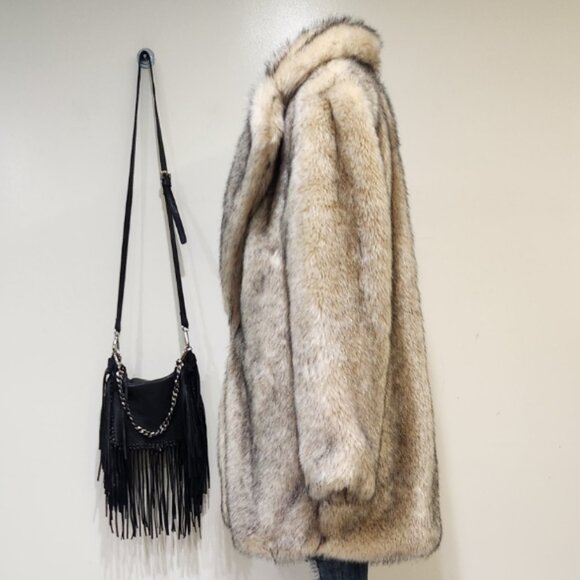 💋BOHO CLAM💋VTG 70s Vibe Lux Chunky Vegan Topped Fox Fur Coat in Beige & Black - Picture 10 of 16